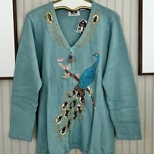 Storybook Knits NWT Peacock Passion Zip Front Cardigan Teal Blue Embellished